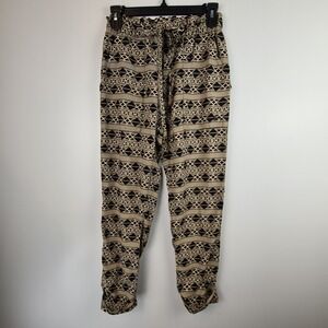 KAVU Tiba Pants‎ Black Beige Geometric Print XS Paperbag Tie Front Cuffed Hem